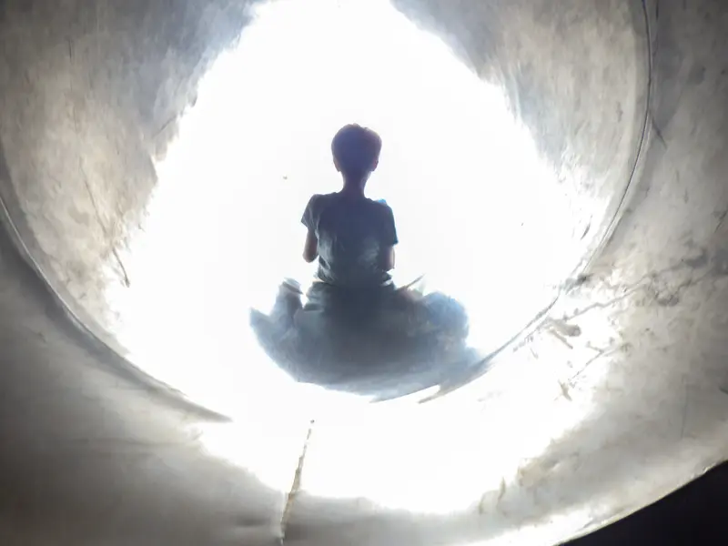 Silhouet van een kind in een lichte tunnel